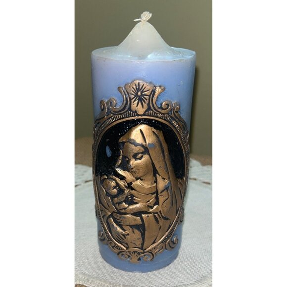 Candle Jasco 1978 Christmas Adoration Madonna & Child Blue Gold 5" Vintage - Picture 2 of 7